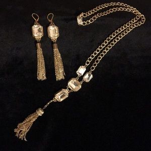 Gold & crystal 26”necklace & pierced earrings set.